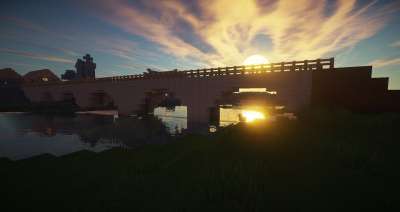 Minecraft 桥 河 石头 中世纪 欧洲的 日落