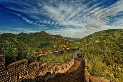 长城 中国 全景 地标 湖 水 景观 吸引力 山 建造 夏天
