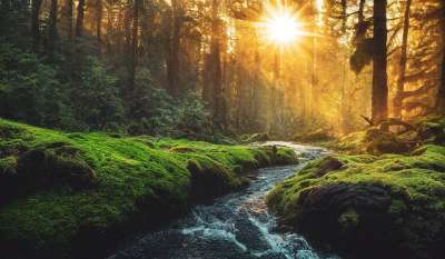 生成的Ai 幻想 阳光 树木 林 河 秋季 地面