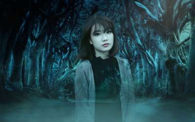 鬼 女士 女孩 女性 年轻 美丽 黑暗的 神秘 木头 树木