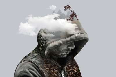 双重接触 幻想 男人 模型 连帽的 云 山 分行 树叶 景观