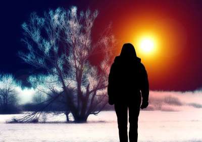 轮廓 女士 树 景观 超现实的 雪 神秘 背部 走开 沮丧