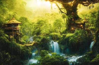 生成的Ai 幻想 树木 林 瀑布 树屋 舱 童话
