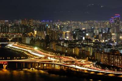 汉城 城市 河 夜晚 韩国 灯 桥 路 高速公路 建筑物