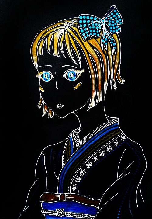 日本动画片 艺妓 年轻女子 日本 国家的服装 和服 亚洲 漫画