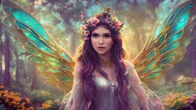 女士 女孩 肖像 仙女 幻想 翅膀 蝴蝶 森林 概念 花朵