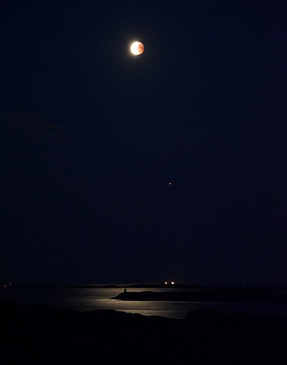 月亮 海 月光 夜晚 满月 行进 Blodmåne 蚀 月食