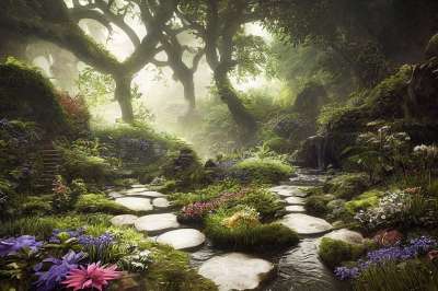 小路 树木 森林 有雾的 花朵 花园 自然 生成的Ai