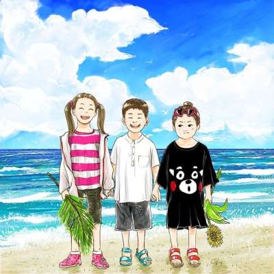 卡通片 绘画 幻想 创造力 海滨 夏天 孩子们 男孩们 女孩们