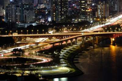 汉城 城市 河 夜晚 韩国 灯 桥 路 高速公路 建筑物