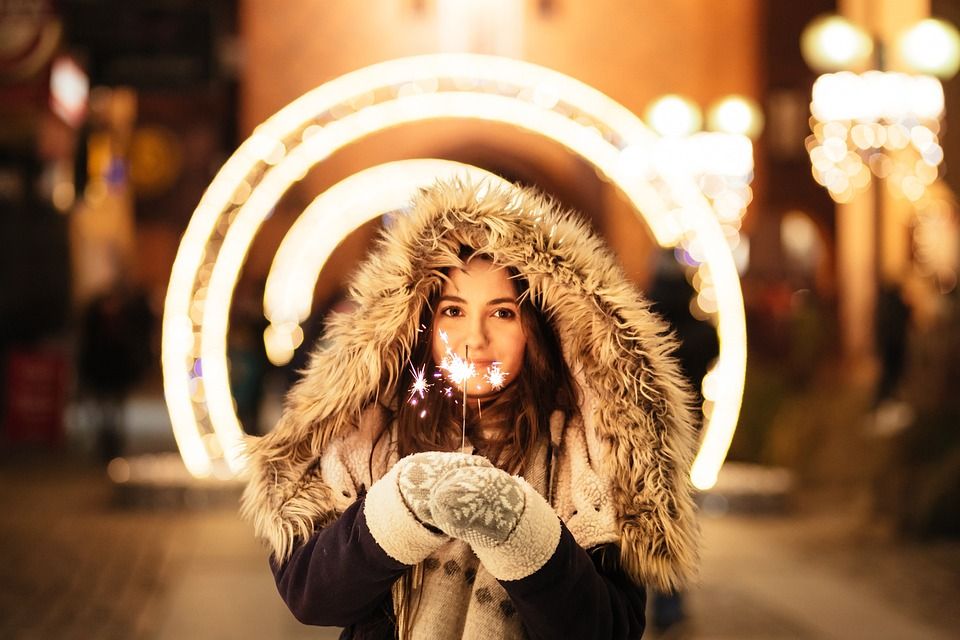 假期, 圣诞节, 灯, 人们, 女士, 寒冷的, 天气, 雪, 毛皮, 夹克