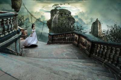 女士 裙子 楼梯 鸟类 云 瀑布 漂浮的岛屿 幻想 风 景观