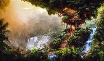 生成的Ai 幻想 童话 多雾路段 瀑布 树屋 树木 林 热