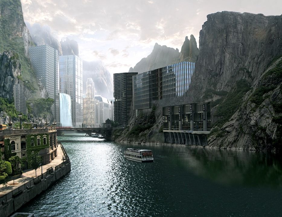 镇, 山, 河, 未来派, 画, 幻想, 城市, 结构