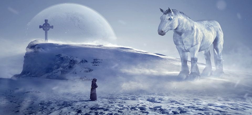 幻想, 冬天, 马, 僧, 寒冷的, 神秘, 作曲, 蒙太奇, 童话, 明亮的