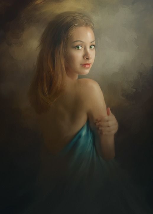 女士, 女孩, 年轻, 美丽, 组成, 长发, 旧画, 数字艺术, 棕色的艺术