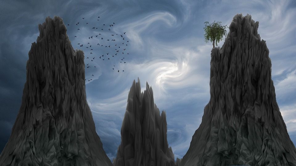 幻想, 景观, 背景, 鸟类, 山, 蓝色背景, 蓝色山脉, 蓝色梦幻