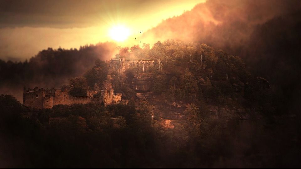 城堡, 修道院, 废墟, 奥宾, 日出, 神秘, 自然, 幻想, 山, 森林