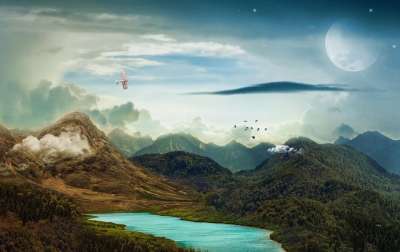 景观 山 湖 夜晚 天 前夕 超现实的 月亮 自然