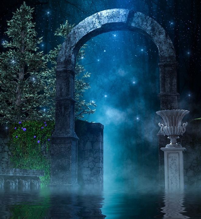 幻想 拱 湖 水 多雾路段 有雾的 灯 火花 拱道 门