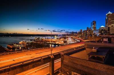 夜景 城市 西雅图 高速公路 日落 水 天空 蓝色的 城市景观