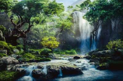瀑布 树木 河 丛林 热带 天堂 幻想 生成的Ai