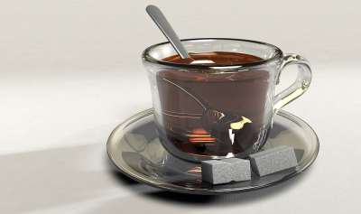 杯子 茶 茶杯 玻璃杯 勺子 糖 糖块 可爱的 喝 热饮