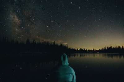 黑暗的 夜晚 天空 星星 湖 水 树木 植物 人们 男人