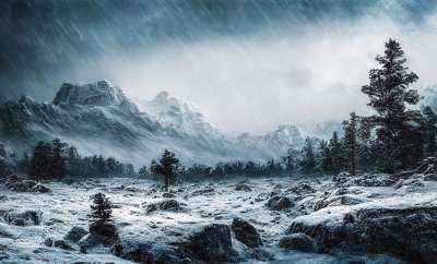 生成的Ai 幻想 景观 雪 树木 山 冬天