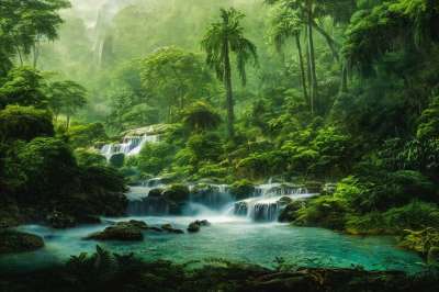 河 瀑布 丛林 景观 树木 热带 天堂 生成的Ai