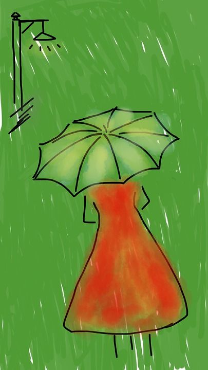女士 雨伞 雨 下雨 红色连衣裙 街道 步行 女性 年轻 绿色