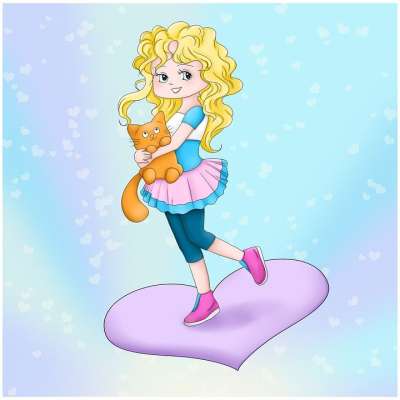 女孩 卷曲 金发 猫 橘猫 爱 心 喜欢猫 发型 时尚 画画