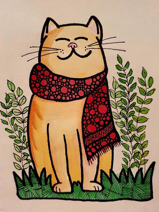 猫 画画 卡通猫 画 水彩 围巾 图形 布朗动画片 棕色的水彩