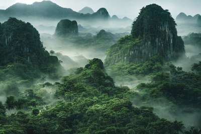 热带 雨林 森林 树木 山 绿色 有雾的 生成的Ai