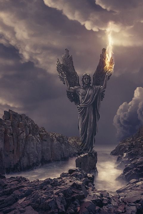 景观 幻想 幻想风景 黑暗的 天使 伟人 天使的光 光 火 云