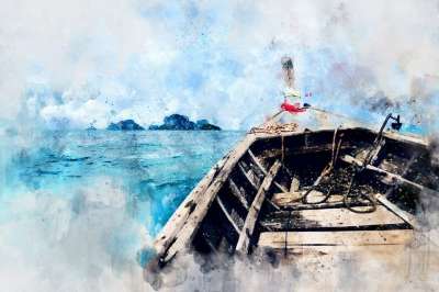 海 海洋 船 帆 夏天 蓝色的 旅行 岛 水彩 蓝色的夏天
