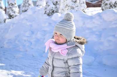 雪 婴儿 女孩 白色的 快乐的 季节 冬天 孩子 帽子 幸福