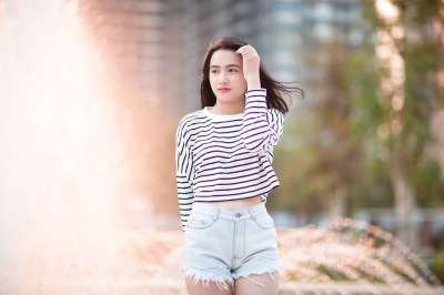 女孩 模型 年轻 人 T恤 户外的 日落 美丽