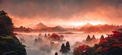 山 幻想 多雾路段 远景 日落 景观 生成的Ai