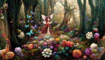背景 树木 花朵 美丽的 天使 幻想 特点 数字艺术 数字图稿