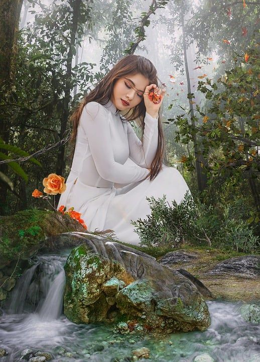 女士 森林 河 长发 白色的裙子 树木 花朵 花瓣 水 岩石