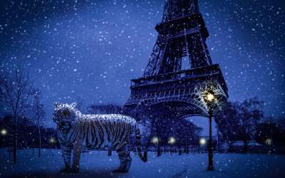 老虎 埃菲尔铁塔 夜晚 雪 灯柱 蓝色的电子邮件 蓝灯