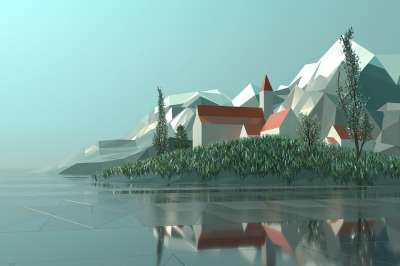低聚 3D 呈现 城市 镇 意大利 托斯卡纳 瑞士 湖 教会