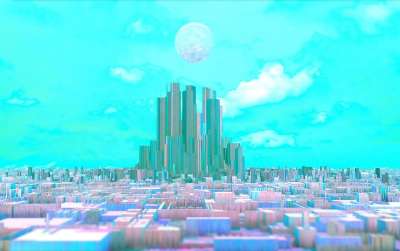 城市 未来派 科幻 丰富多彩的 氖 粉彩 天际线 形象的 3D