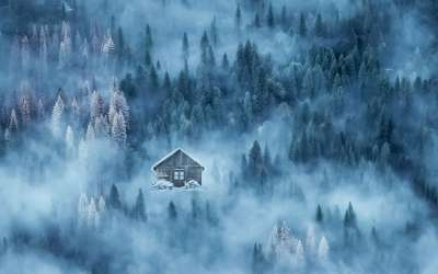 冬天 舱 木头 薄雾 背景 蓝木