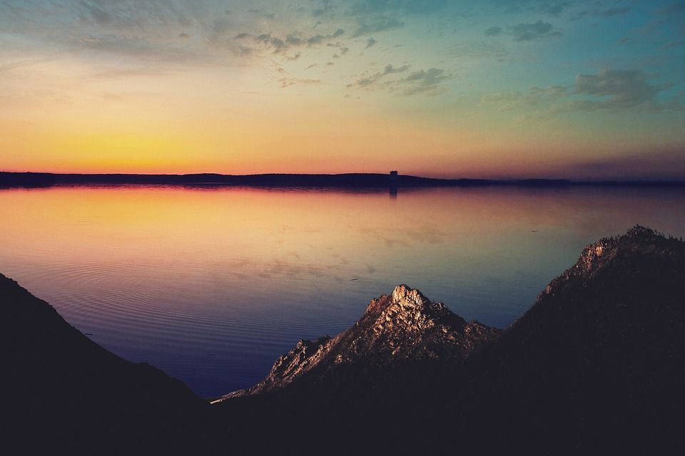 山, 日落, 海, 海洋, 湖, 景观