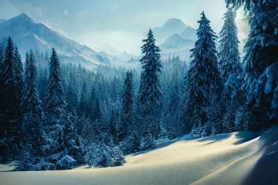 生成的Ai 景观 幻想 树木 山 雪 远景 冬天 户外