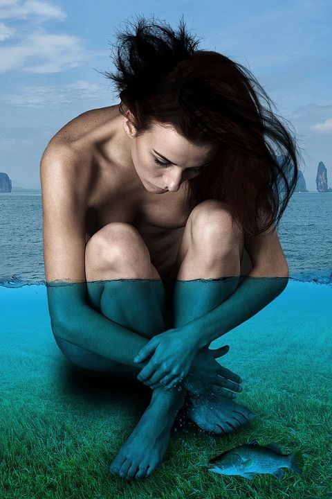 裸体 女士 幻想 水 裸 身体 性感的 女孩 鱼 模型