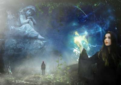魔法 星星 光 夜晚 女士 角度 火花 明亮的 辉光 景观