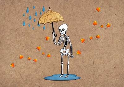 骨骼 水坑 雨伞 雨 可爱的 有趣的 人物 儿童童话 秋天